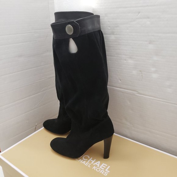 New Michael Kors Black Leather Suede Tall Boots Heel Pull On Slouch 8.5 - Picture 1 of 16